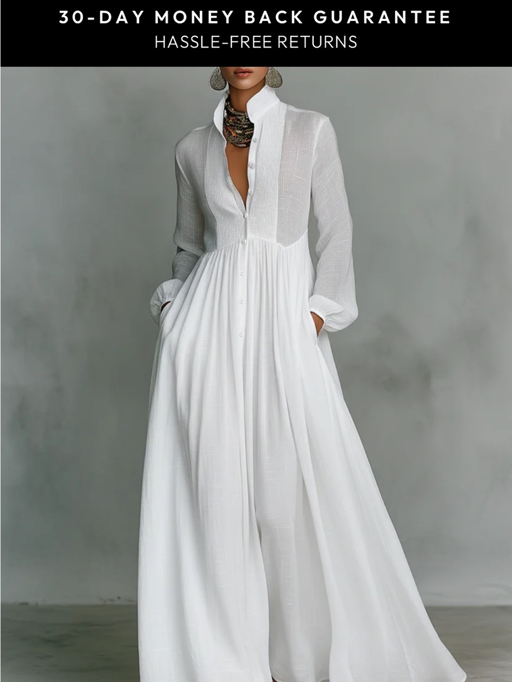 White Long Sleeve Button-Front Maxi Dress